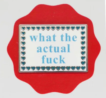 Product with text and heart design on a red border