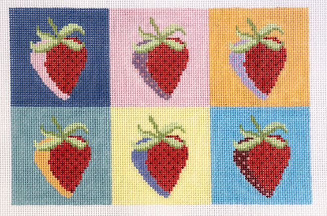 Pattern of red strawberries with green leaves on a checkered background