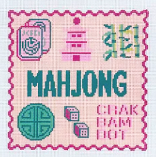 Cross-stitched design with 'Mahjong' text and game icons on a pink background