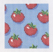 Pattern of red apples with green leaves on a blue background