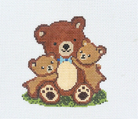 Cross-stitched design of three bears on a white background