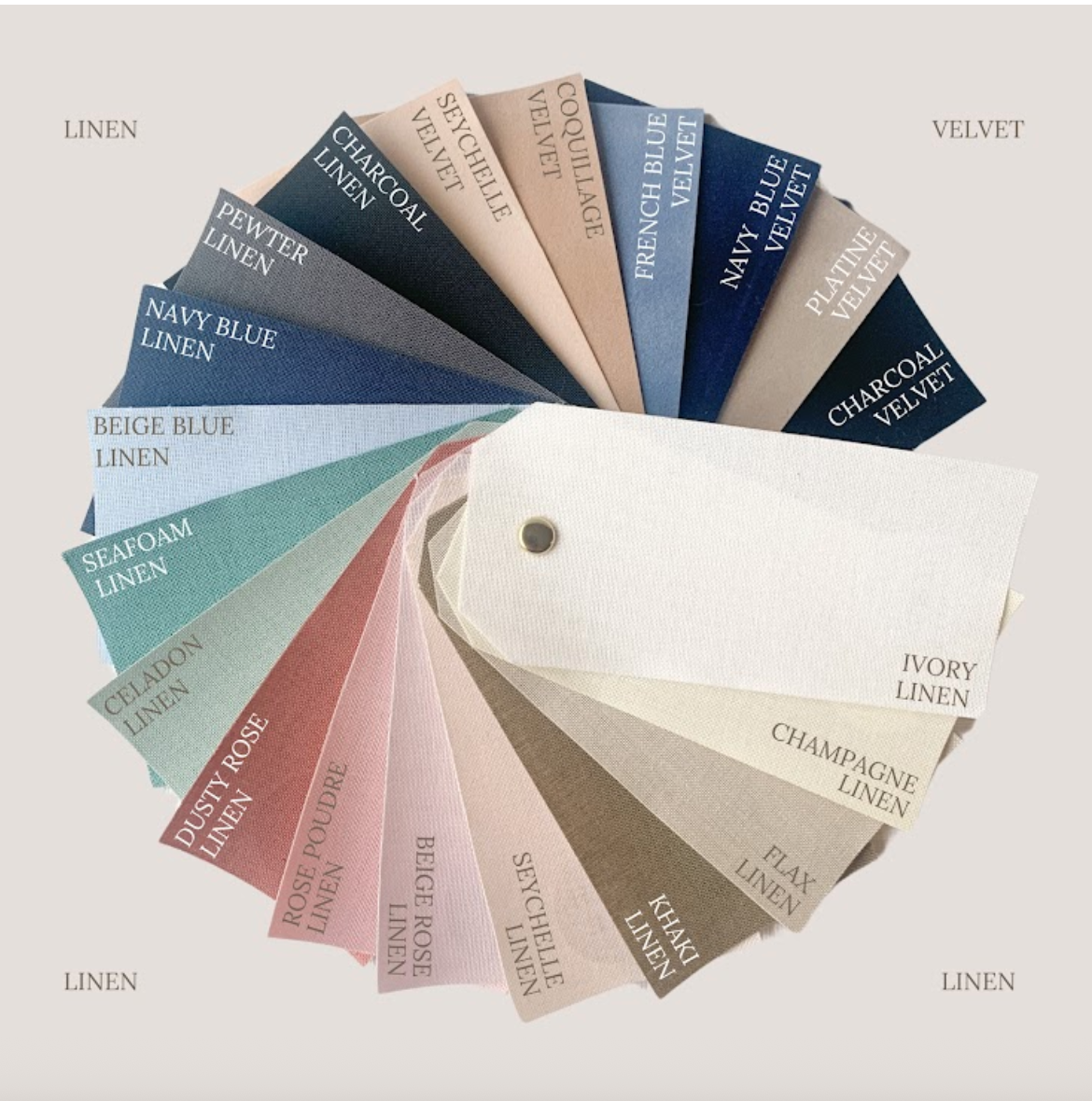 Color swatches of linen and velvet fabrics with labels on a light gray background