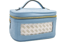 Blue cosmetic bag with floral patterned flap on a white background