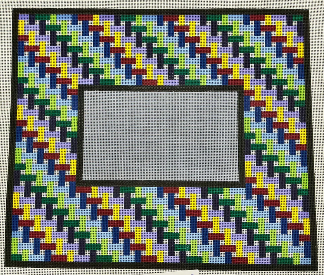 Colorful geometric patterned frame with a central gray square