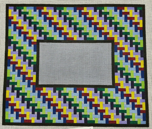 Colorful geometric patterned frame with a central gray square
