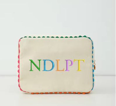 Beige pouch with colorful 'NDLPT' text on a white background