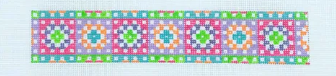 Colorful geometric pattern border with a light blue background