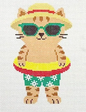Cross-stitched design of a cat wearing sunglasses, a hat, and swim trunks on an inflatable ring.