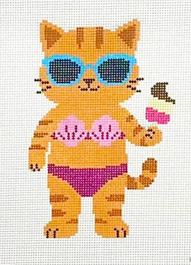 Cross-stitched pattern of a cat wearing sunglasses and a swimsuit with a pink heart.