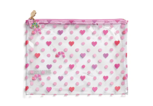 Clear pouch with pink heart pattern on a white background