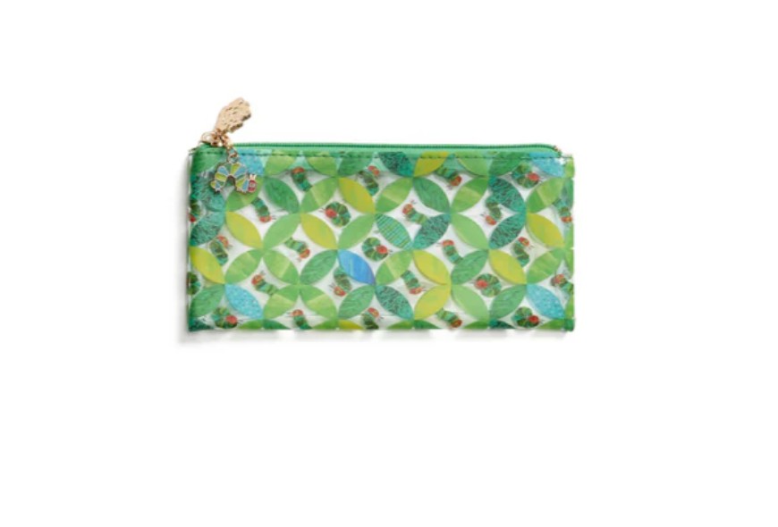 Green patterned pouch on a white background