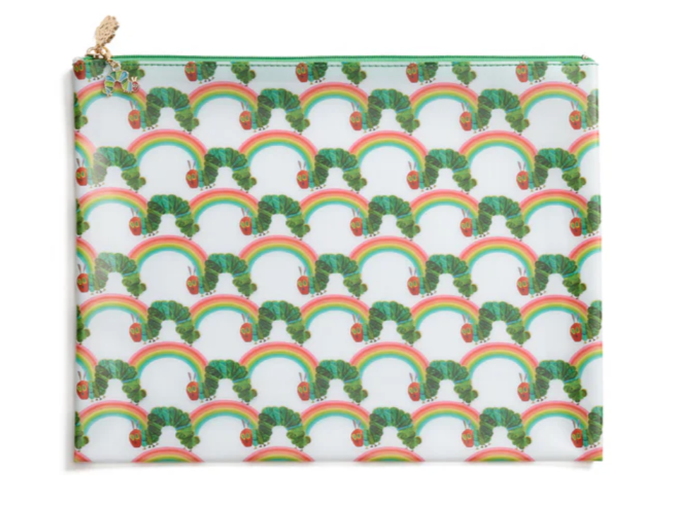 Pouch with caterpillar and rainbow pattern on a white background