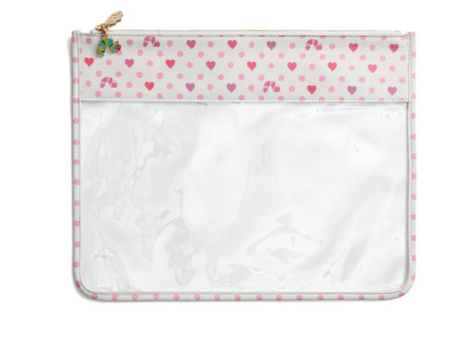 Clear pouch with pink heart pattern on a white background