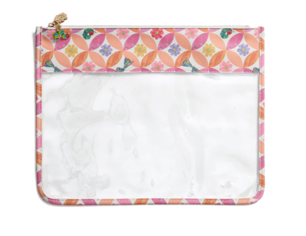 Floral patterned pouch with a white interior on a white background