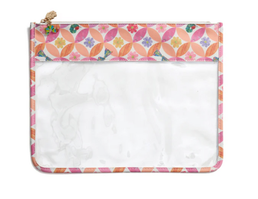 Floral patterned pouch with a white interior on a white background