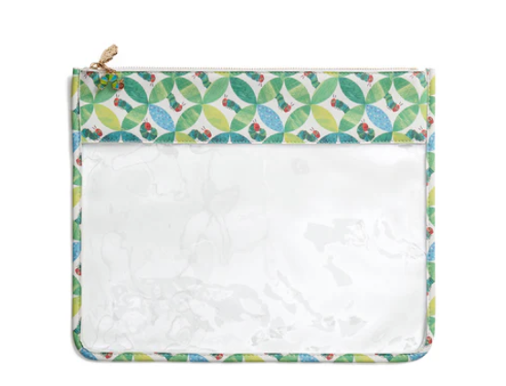 Clear pouch with colorful leaf pattern on a white background