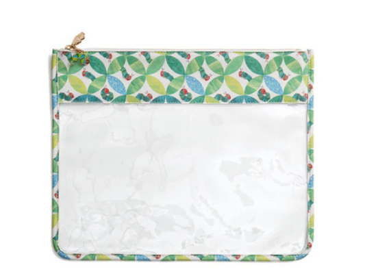 Clear pouch with colorful leaf pattern on a white background