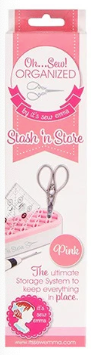 Pink scissors with packaging labeled 'Ok, Sew! Organized' on a white background