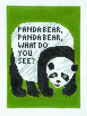 Cross-stitched design of a panda bear with text on a green background