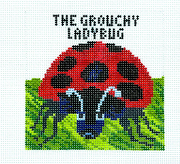 Pixelated ladybug design with text 'The Grouchy Ladybug' on a white background