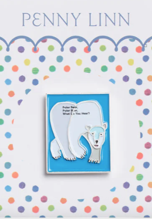 Polar bear illustration on a blue background with colorful polka dots, featuring the text 'Penny Linn'.