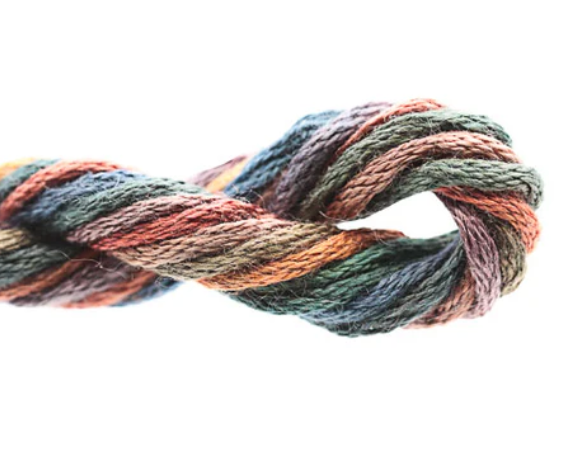 Multicolored skein of yarn on a white background