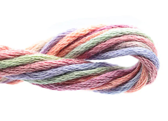 Multicolored skein of yarn on a white background