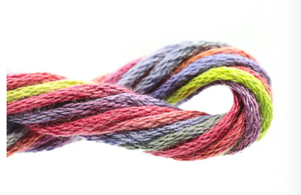 Multicolored skein of yarn on a white background