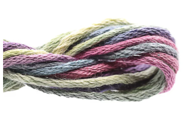 Multicolored skein of yarn on a white background