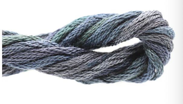 Coiled skein of blue yarn on a white background