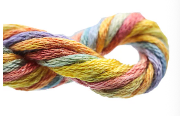 Multicolored skein of yarn on a white background