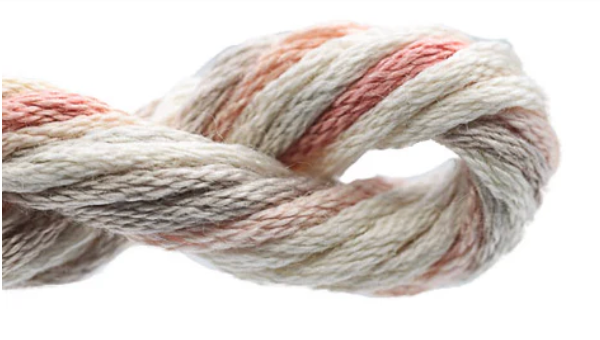 Close-up of a skein of yarn with pink and white colors on a white background