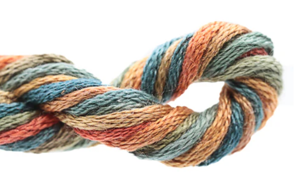 Multicolored skein of yarn on a white background