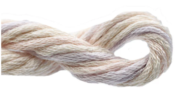 Coiled skein of yarn in beige and brown tones on a white background