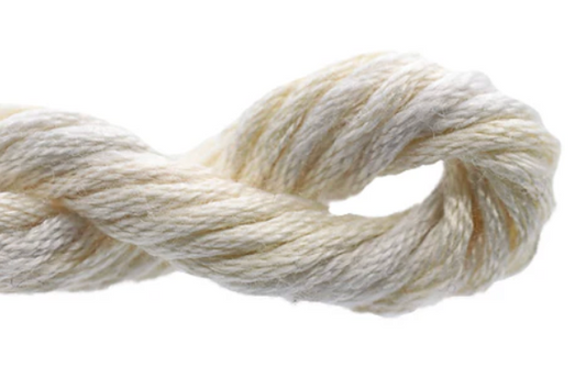 Close-up of a skein of cream-colored yarn on a white background