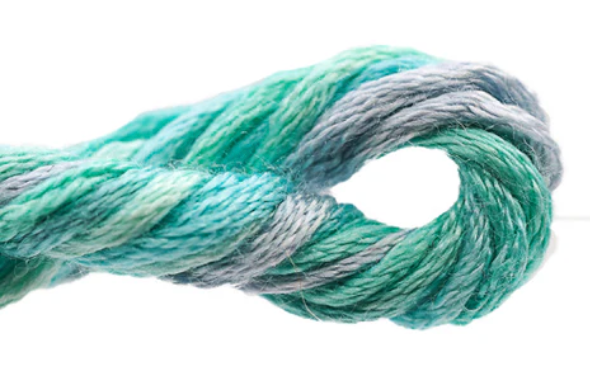 Turquoise and gray skein of yarn on a white background