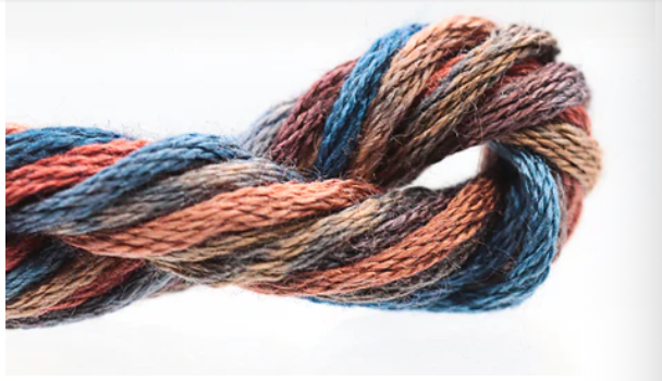 Multicolored skein of yarn on a white background
