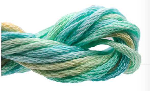 Turquoise and green yarn skein on a white background