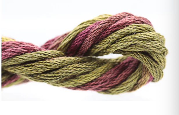 Close-up of green and purple yarn on a white background