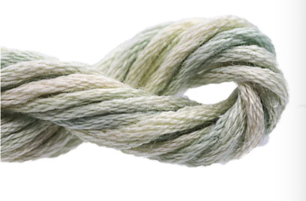 Coiled skein of yarn with a gradient of green and gray on a white background