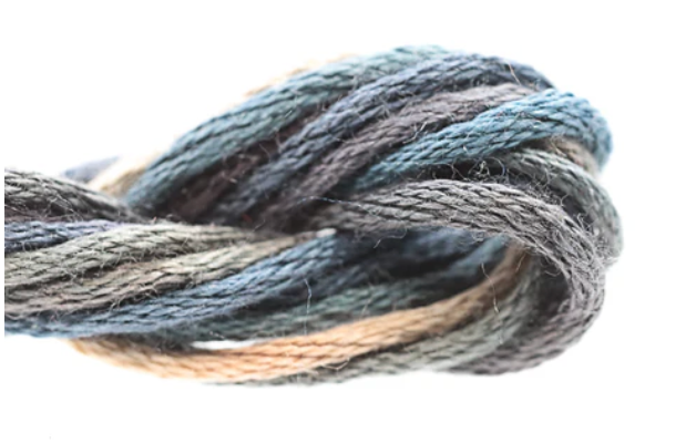 Close-up of skein of yarn with gradient colors on a white background