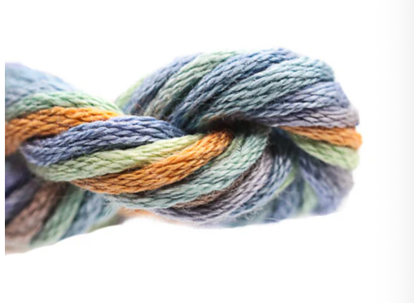 Multicolored skein of yarn on a white background