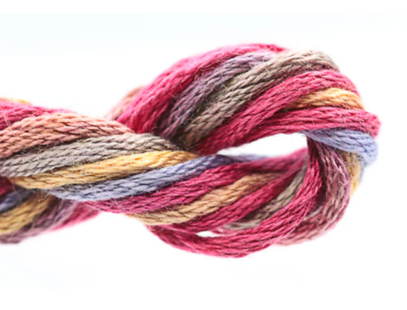 Multicolored skein of yarn on a white background