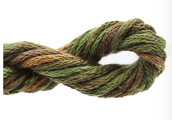 Green and brown skein of yarn on a white background