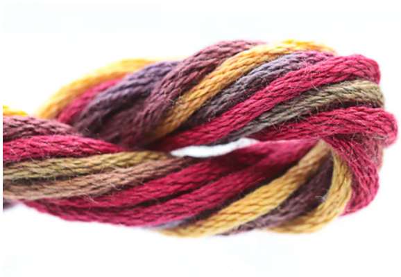 Multicolored skein of yarn on a white background
