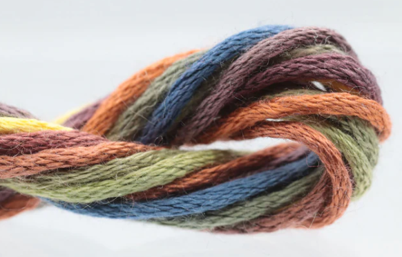 Multicolored skein of yarn on a white background