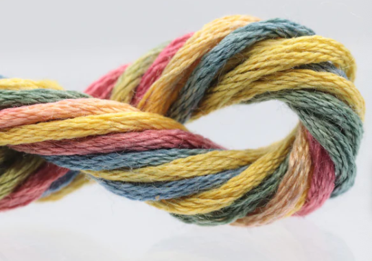 Multicolored skein of yarn on a white background