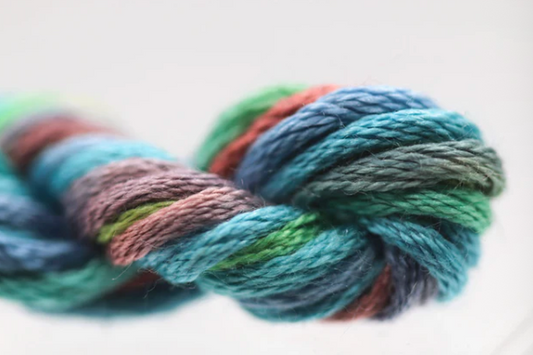 Multicolored skein of yarn on a white background