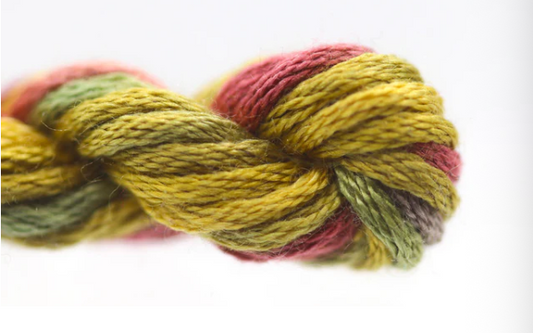 Multicolored skein of yarn on a white background