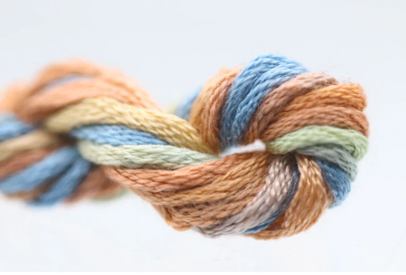 Multicolored skein of yarn on a white background